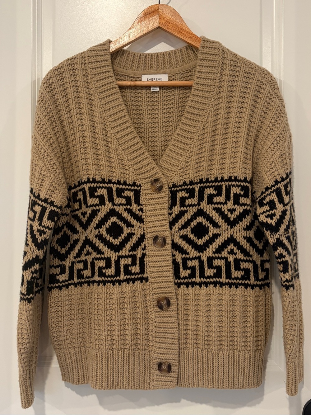 Evereve Amalie Tan & Black Geometric Knit Button-Up Cardigan Sweater - XS